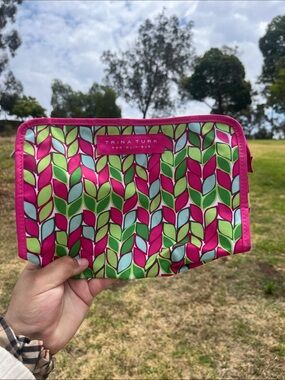 Trina Turk Hot Pink Leaf-Print Cosmetic Pouch with Green and Light Blue Accents